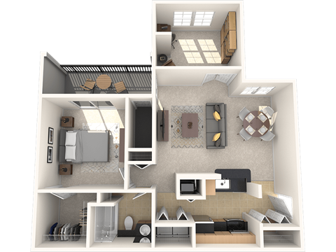 Floor plan for 1 bed, 1 bath, 881 sqft